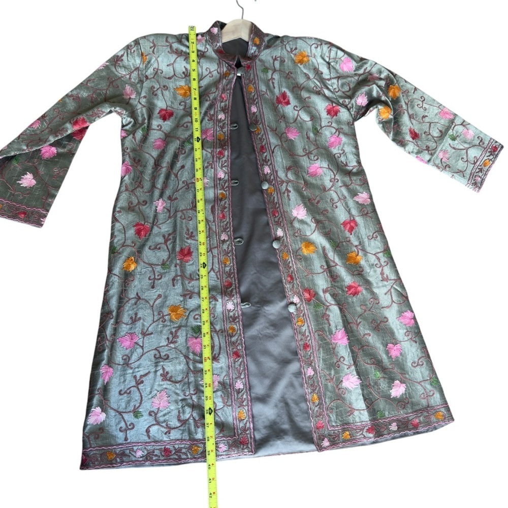 Vintage smoke-green long Kashmiri jacket embroidered size M - Picture 7 of 10